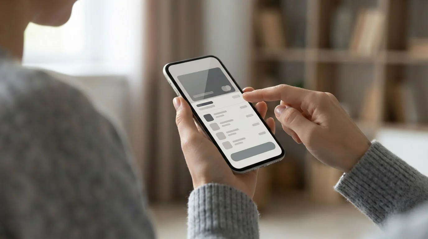Hände bedienen Smartphone für Apple Pay-Einzahlung