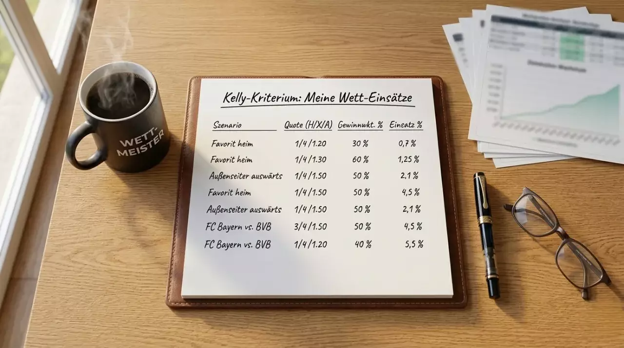 Notizbuch mit Staking-Plan und Bankroll-Berechnung neben einer Tasse Kaffee