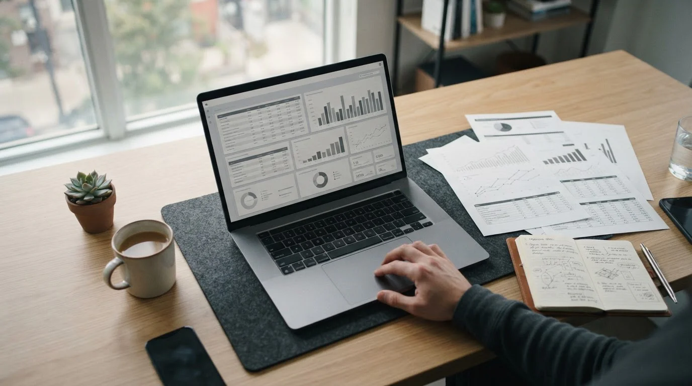 Analytischer Arbeitsplatz mit Laptop und Dokumenten zur Buchmacher-Bewertung in Deutschland