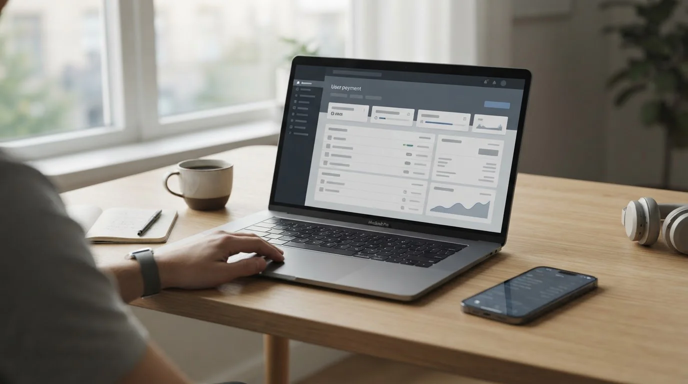 Laptop mit neutraler Zahlungsschnittstelle und Smartphone auf minimalistischem Schreibtisch