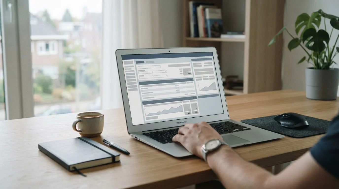 Laptop mit anonymisierter Wettplattform-Oberfläche auf minimalistischem Schreibtisch