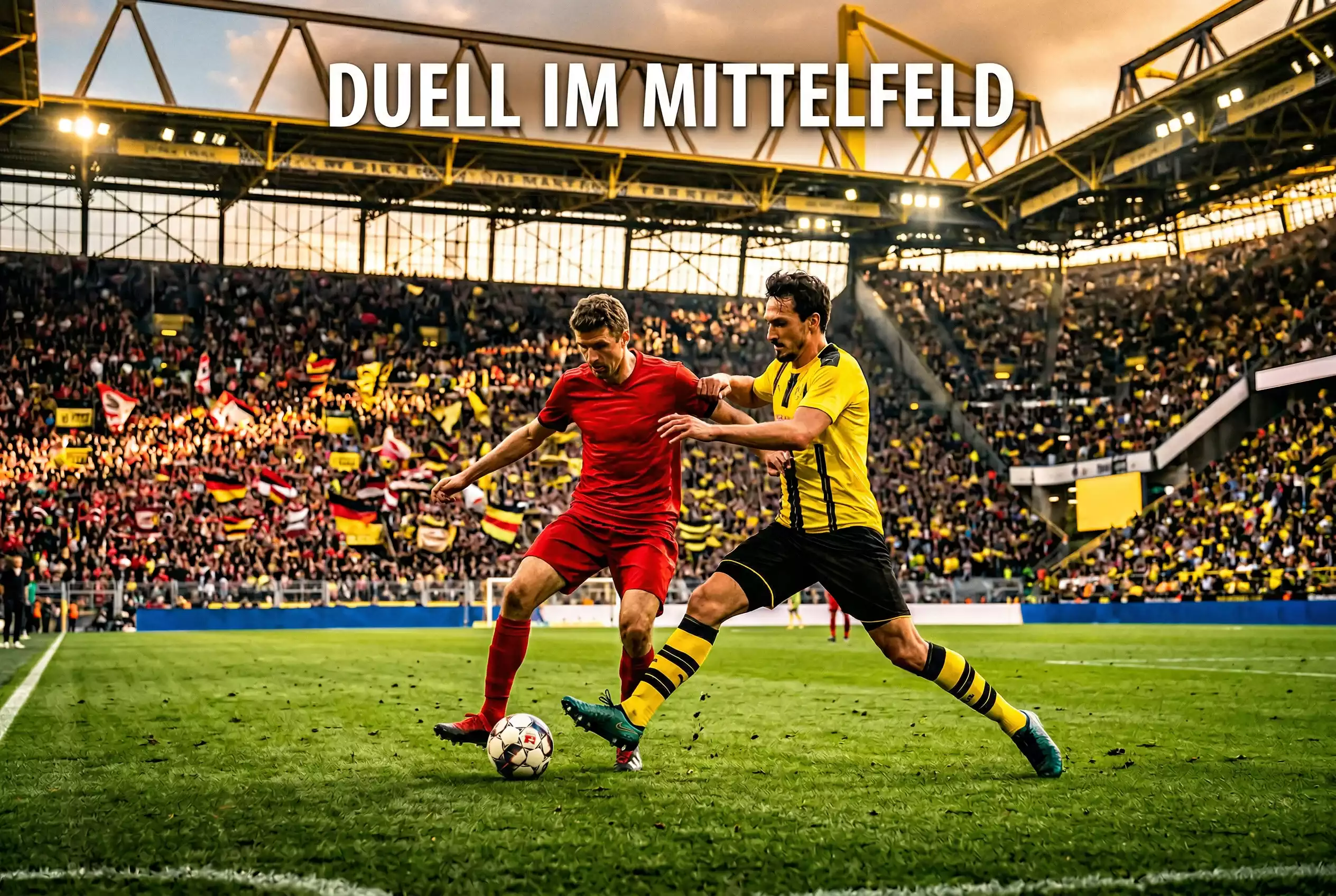 Bundesliga-Fußballspiel auf grünem Rasen mit Spielern und vollem Stadion