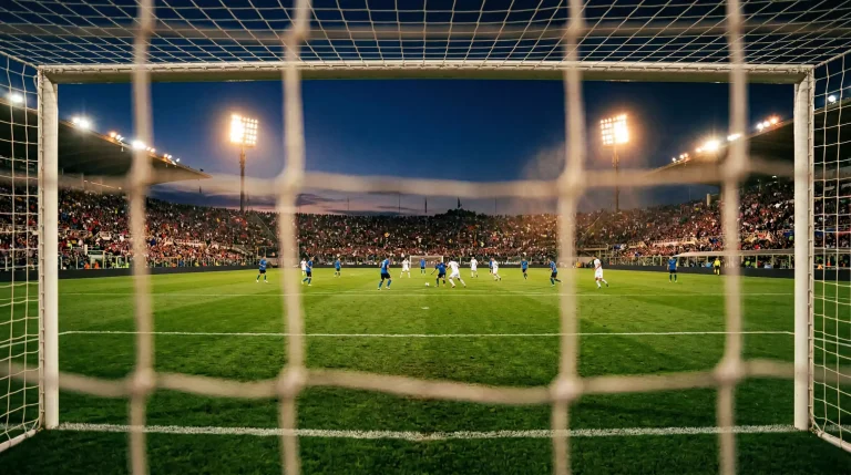 Champions-League-Abend im Fußballstadion mit Flutlicht und europäischen Flaggen