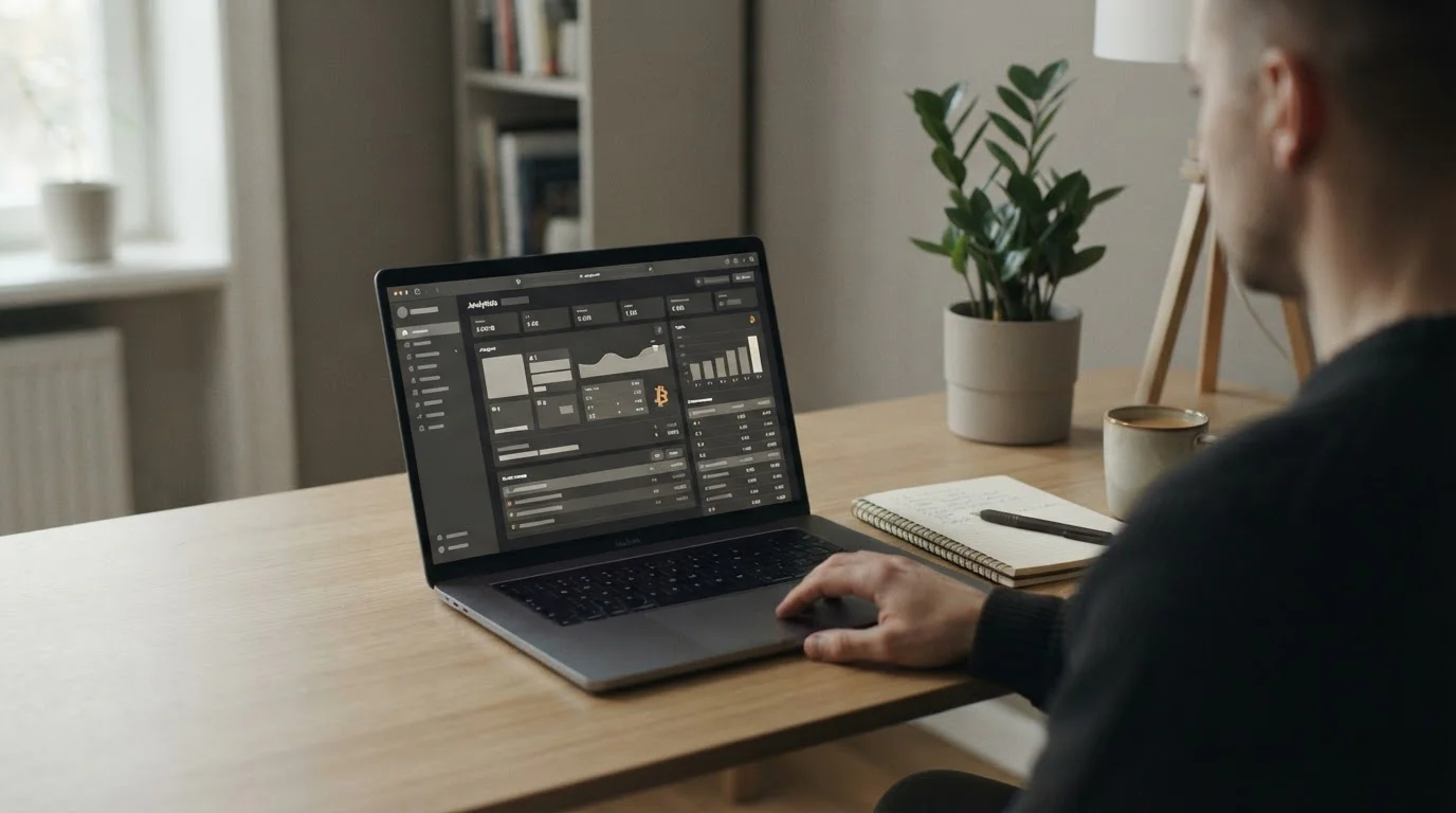 Laptop mit abstraktem Wettanbieter-Interface und Bitcoin-Symbol auf neutralem Schreibtisch