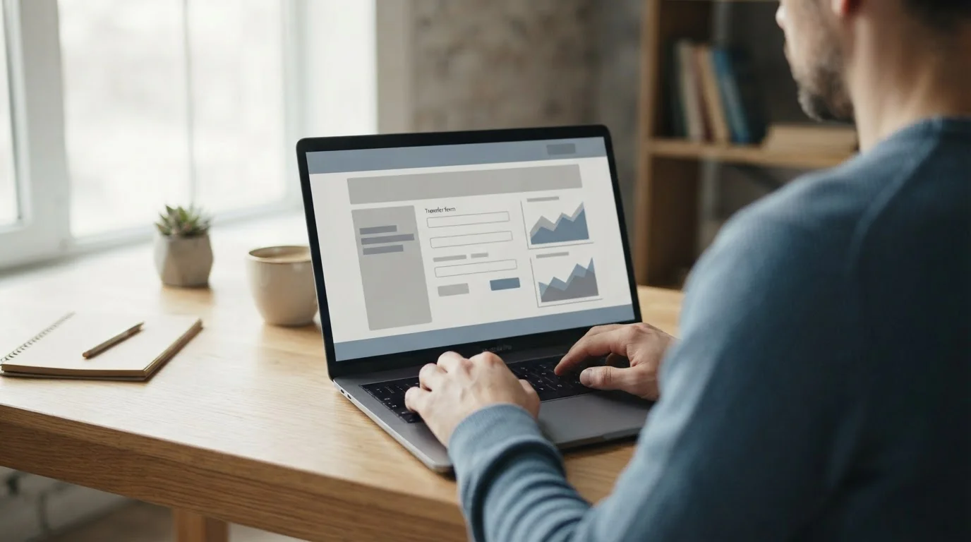 Person nutzt Online-Banking am Laptop für schnelle Überweisung statt Lastschrift bei deutschen Wettanbietern