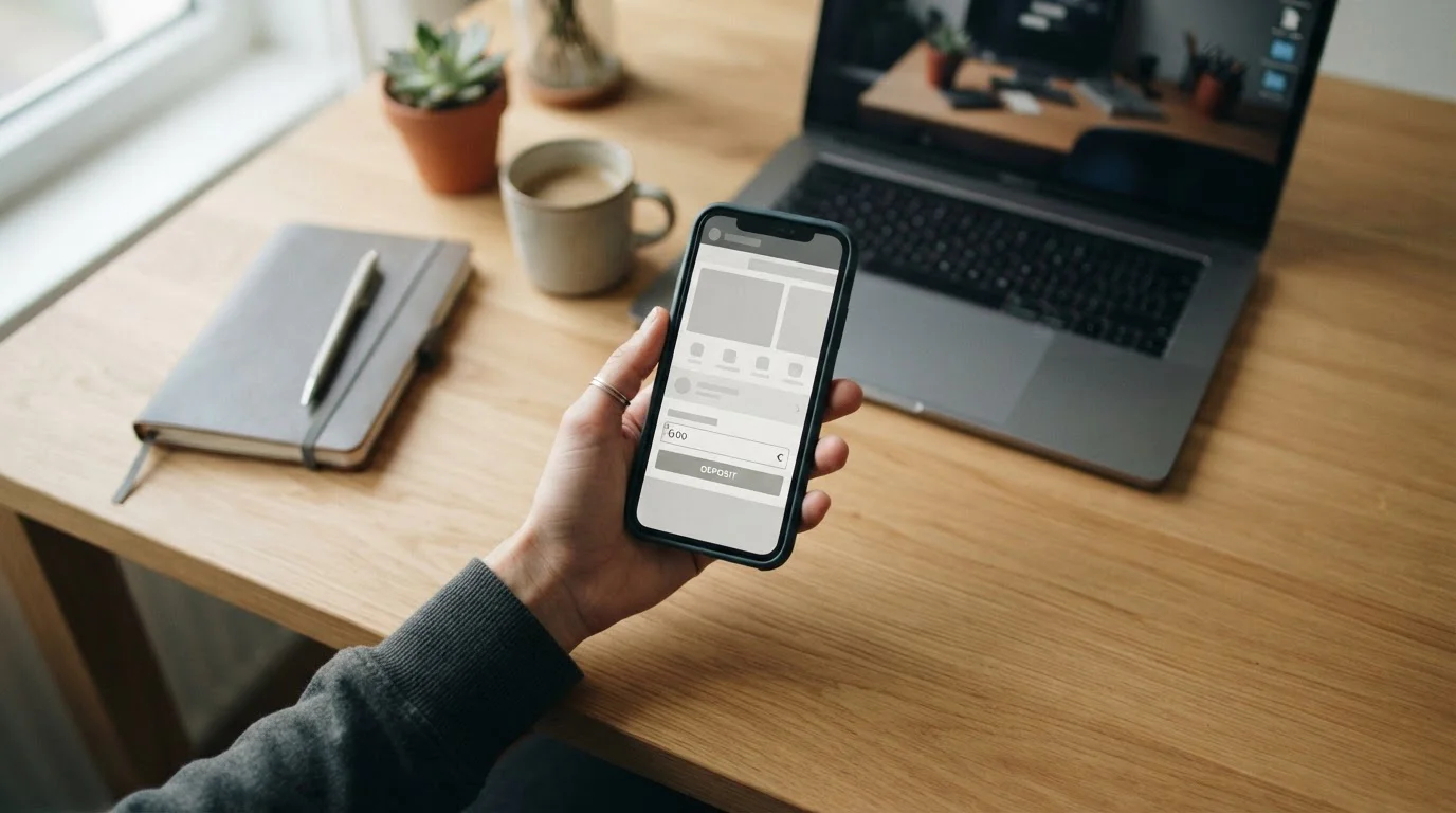 Smartphone mit neutraler Wettanbieter-Oberfläche und Tastatur auf aufgeräumtem Schreibtisch