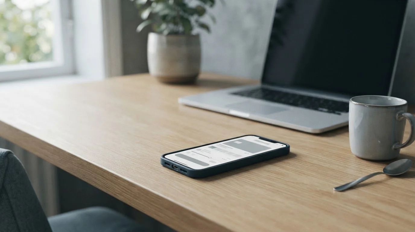 Smartphone mit abstrakter Zahlungsschnittstelle und neutralem Workspace im Hintergrund