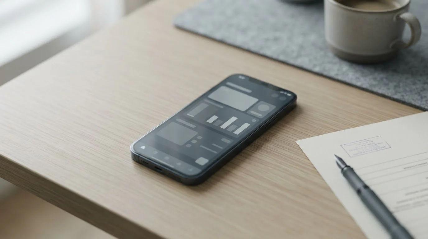 Smartphone mit vereinfachter Wett-Oberfläche neben Ausweisdokument auf neutralem Schreibtisch
