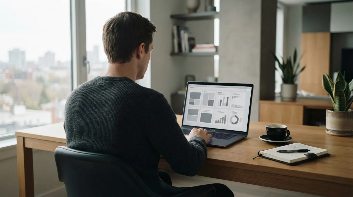 Person analysiert Wettanbieter-Optionen am Laptop in ruhiger Büroumgebung