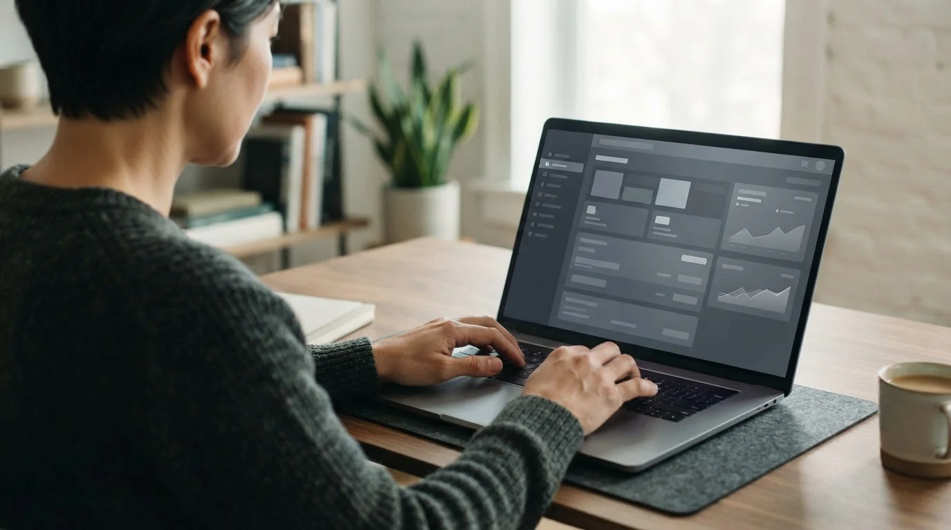 Hands von hinten an Laptop, Bildschirm zeigt abstraktes Dashboard mit Zahlungsoptionen