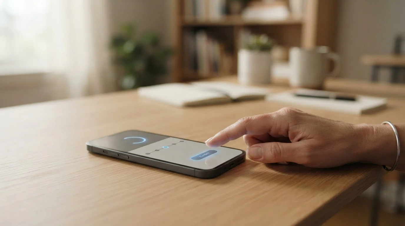 Smartphone mit Zahlungsvorgang und Zeitangaben auf dem Display