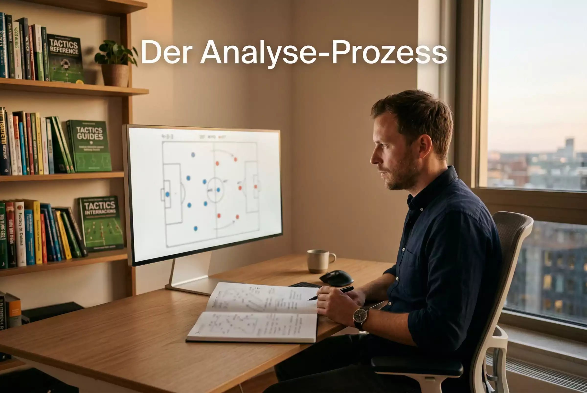 Fußball-Analyst arbeitet an Pre-Match-Analyse mit Statistiken auf dem Bildschirm