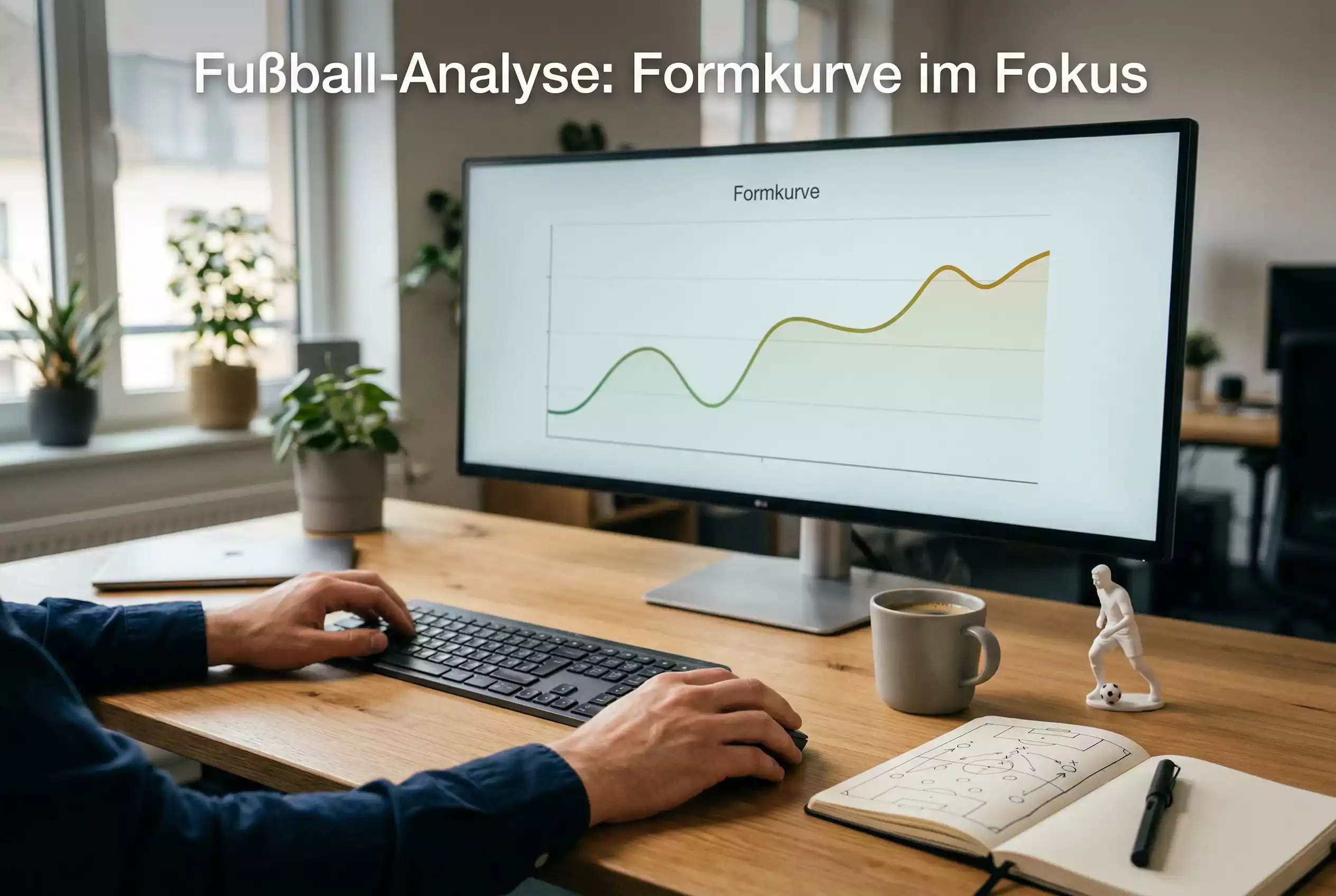 Analyst studiert Fußball-Statistiken mit Formkurve und xG-Daten auf einem Bildschirm