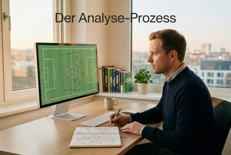 Laptop mit stilisiertem neuronalen Netz neben einem Fußball auf einem Schreibtisch