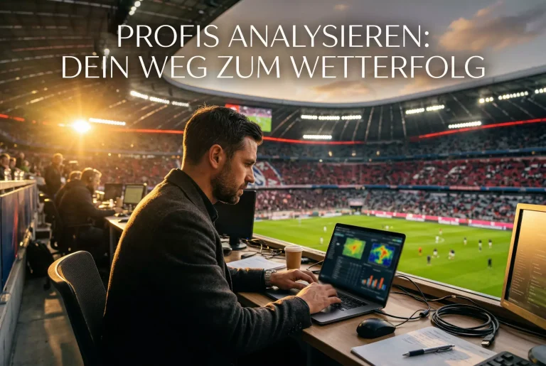 Fußball-Experte analysiert Spielstatistiken auf einem Laptop in einem Stadion
