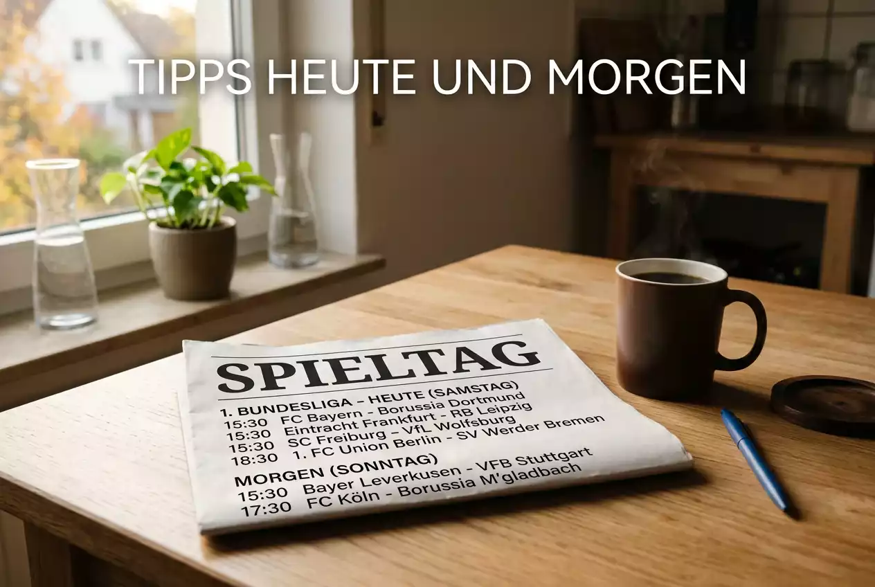 Sportzeitung mit heutigem Spieltag neben einer Tasse Kaffee am Morgen