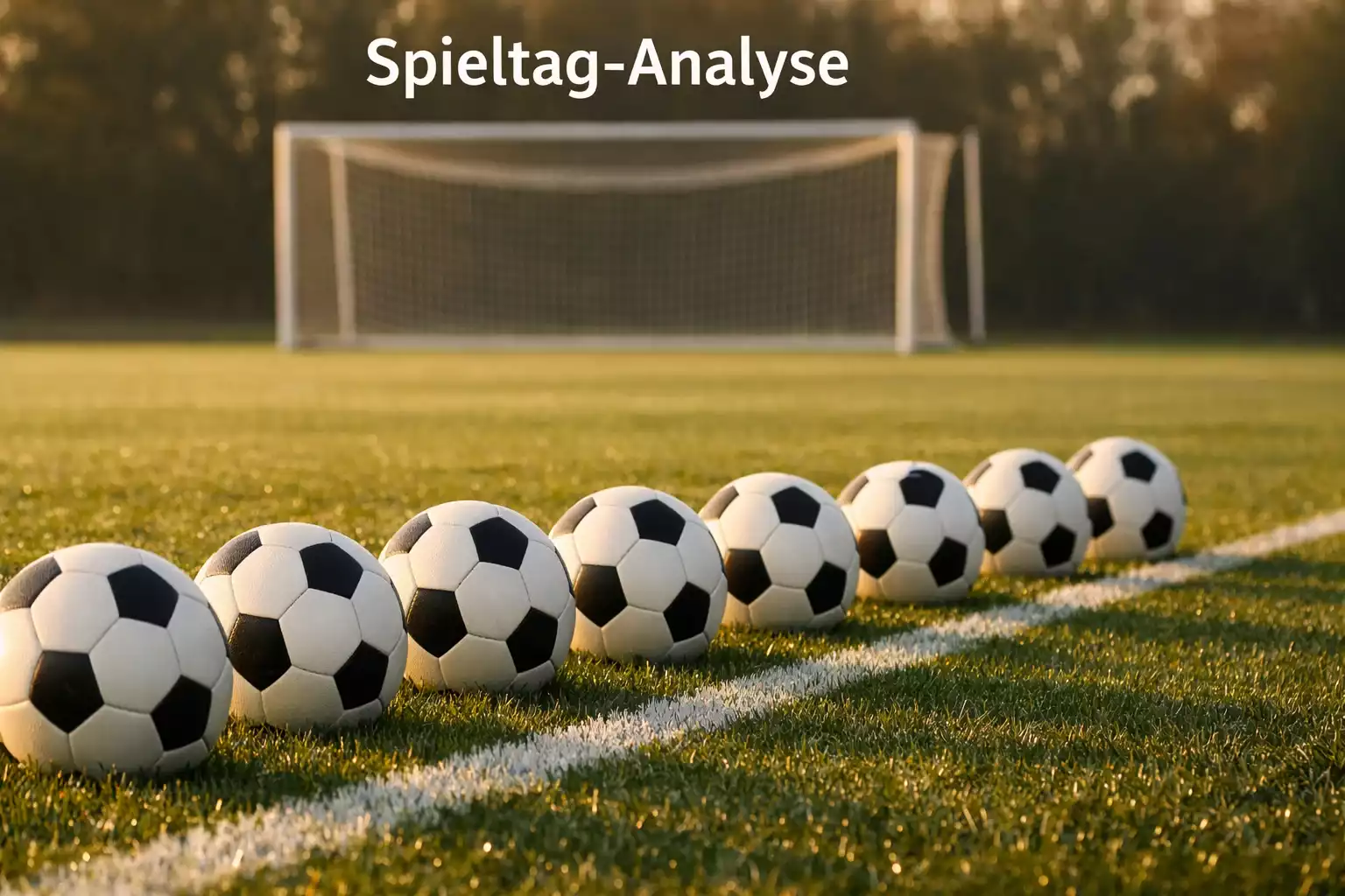 Mehrere Fußbälle auf einem Trainingsplatz am Samstagmorgen — Spieltag-Atmosphäre