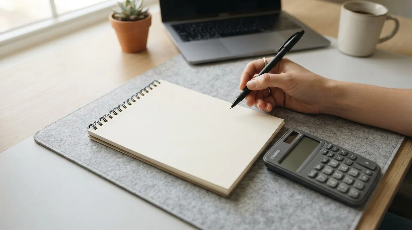 Gebührenberechnung auf Papier mit Taschenrechner und Laptop im Hintergrund