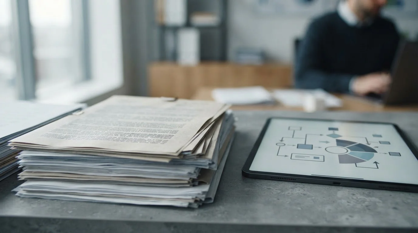 Gestapelte Gesetzesdokumente und digitales Tablet mit abstrakten Regelwerk-Symbolen