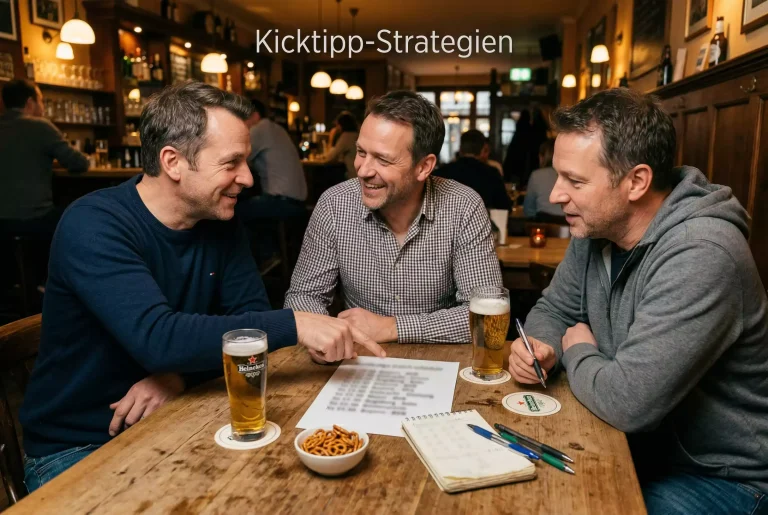 Gruppe von Freunden diskutiert Bundesliga-Tipprunde am Tisch mit Notizen