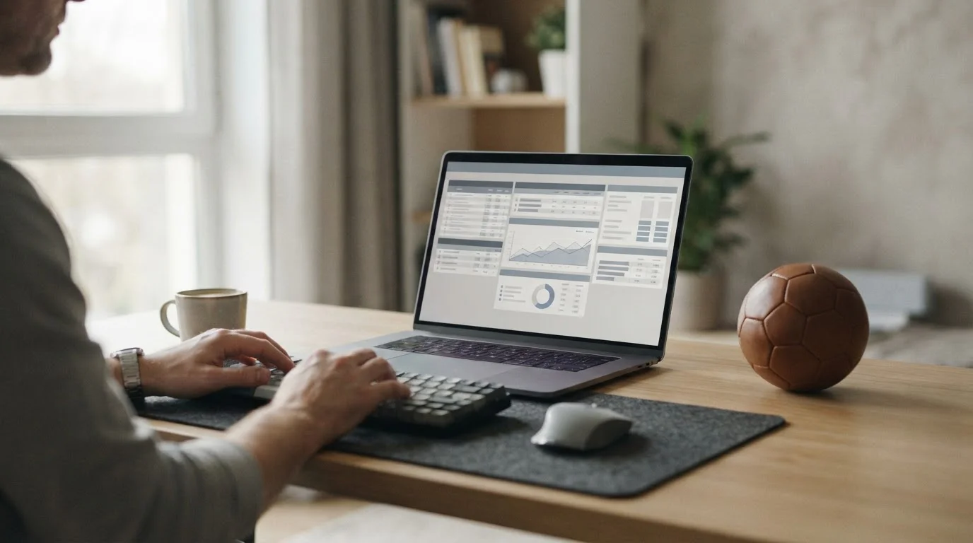 Laptop mit neutraler Wettanalyse und Fußball auf Schreibtisch
