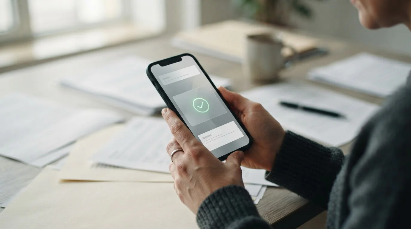 Hand hält Smartphone mit deutscher Glücksspiellizenz-Prüfung auf dem Bildschirm