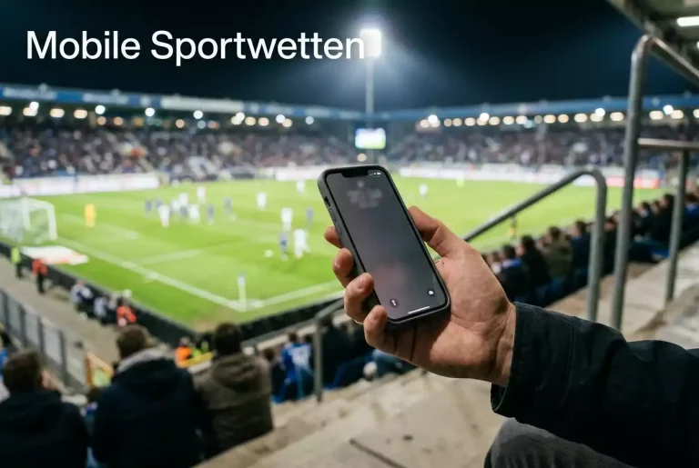 Hand hält Smartphone in einem Fußballstadion — symbolisch für mobile Sportwetten
