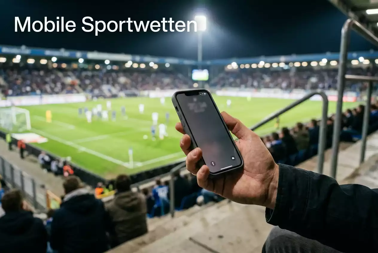 Hand hält Smartphone in einem Fußballstadion — symbolisch für mobile Sportwetten