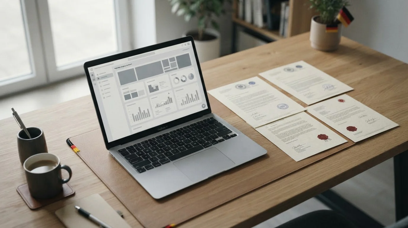 Arbeitsplatz mit Laptop und Dokumenten zur Analyse neuer Wettanbieter in Deutschland