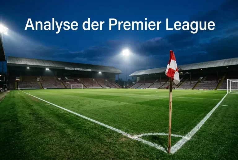 Typisch englisches Fußballstadion bei Flutlicht mit Rasen im Vordergrund