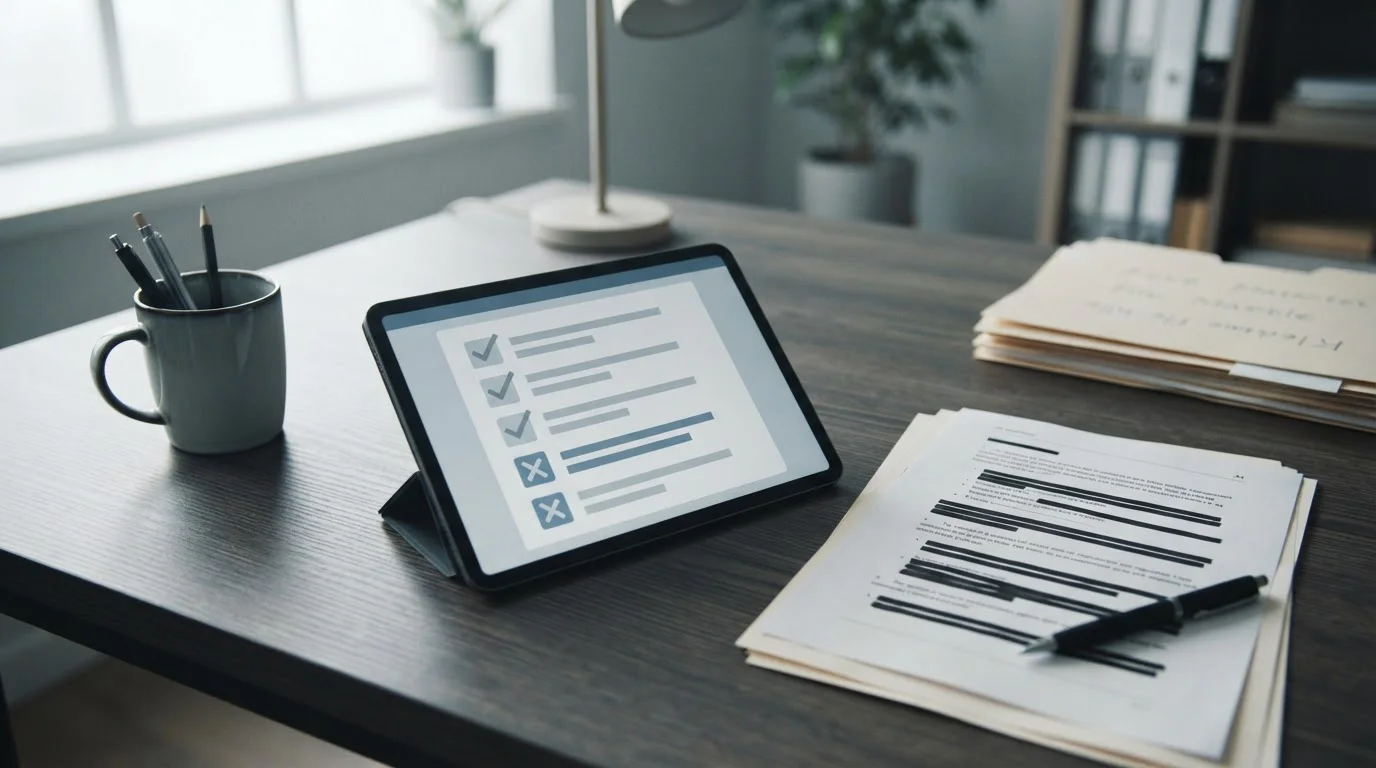 Dokumente und Tablet mit regulatorischen Anforderungen auf aufgeräumtem Arbeitsplatz