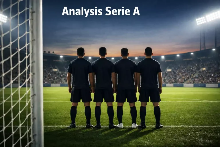 Italienisches Fußballstadion mit Fokus auf die Abwehrlinie bei Abendlicht