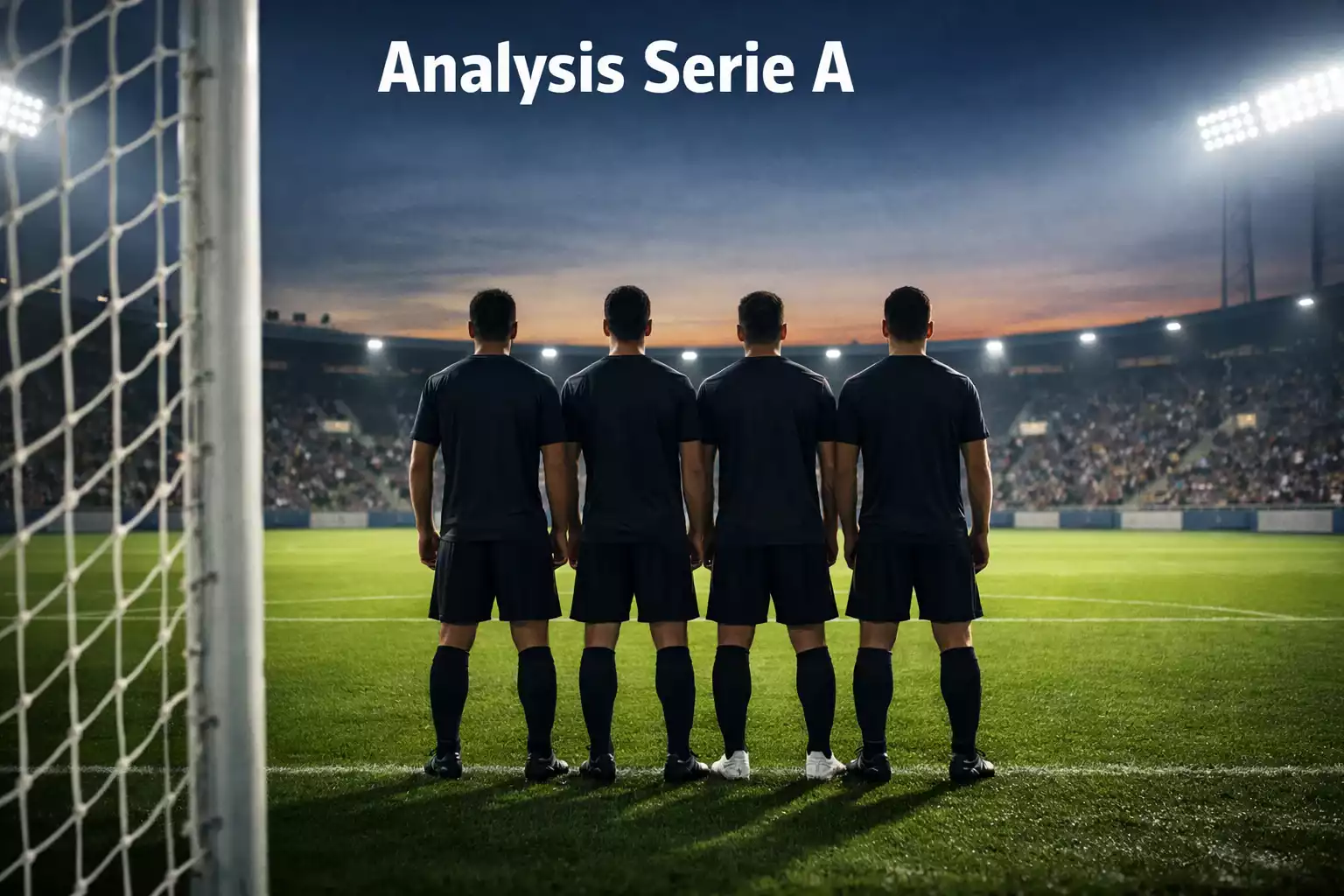 Italienisches Fußballstadion mit Fokus auf die Abwehrlinie bei Abendlicht