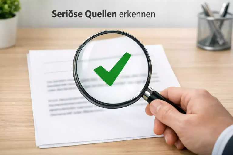 Lupe über einem Dokument mit Prüfzeichen als Symbol für Seriosität