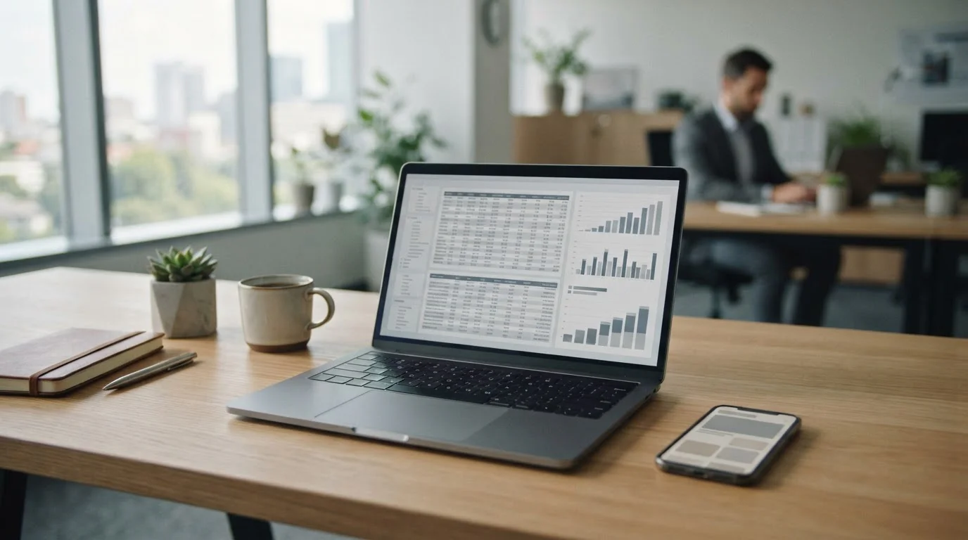 Professioneller Arbeitsplatz mit Laptop zur Analyse von Sportwetten-Anbietern und Quoten