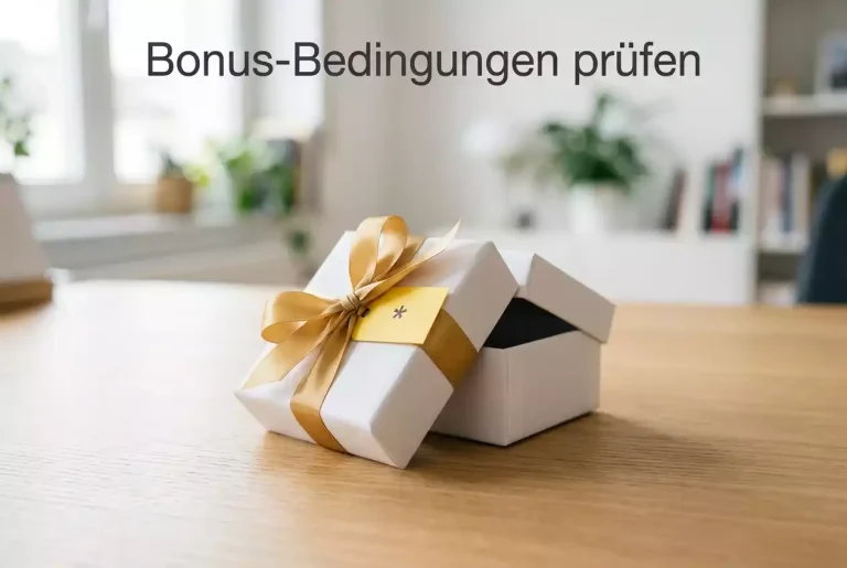 Geschenkbox mit kleinem Warnsymbol als Metapher für Bonusangebote mit Bedingungen