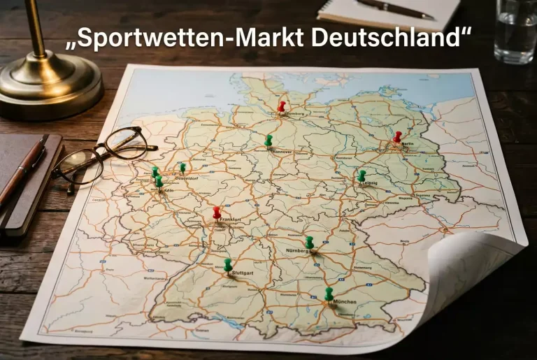 Deutschlandkarte mit symbolischen Standortmarkierungen für den Sportwettenmarkt