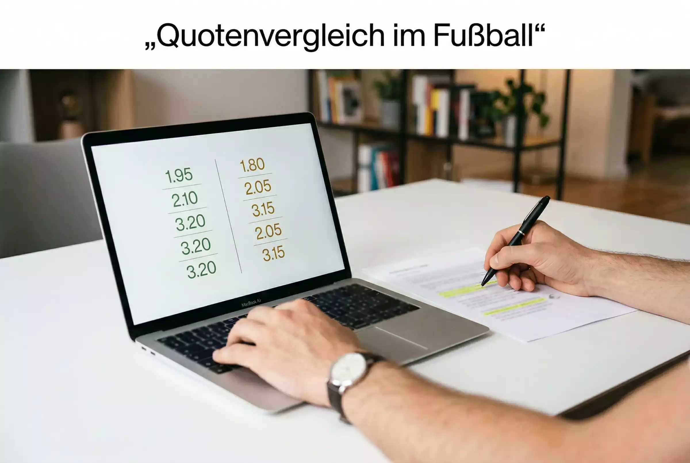 Fußballanalyst vergleicht Wettquoten auf einem Laptop am Schreibtisch
