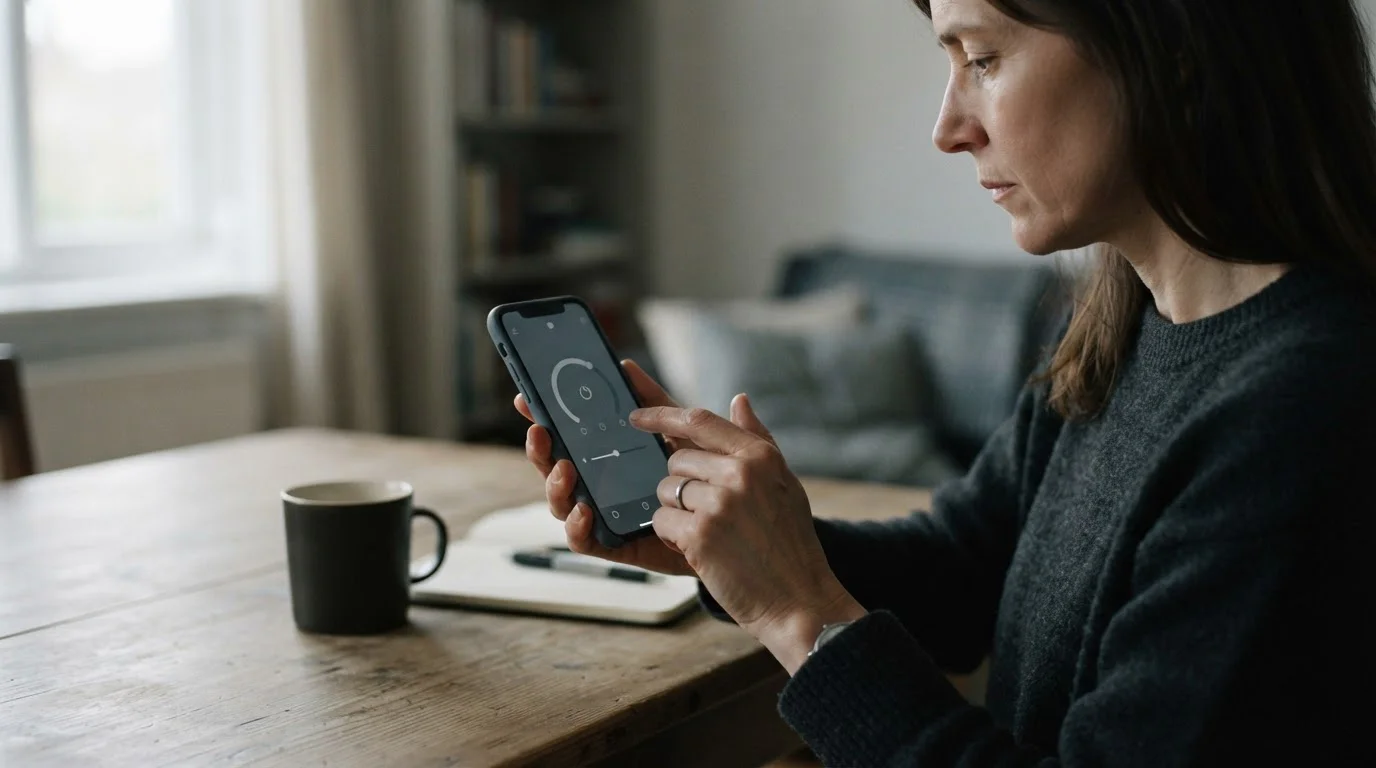 Hand stellt Zeitlimit auf Smartphone mit neutraler App-Oberfläche ein