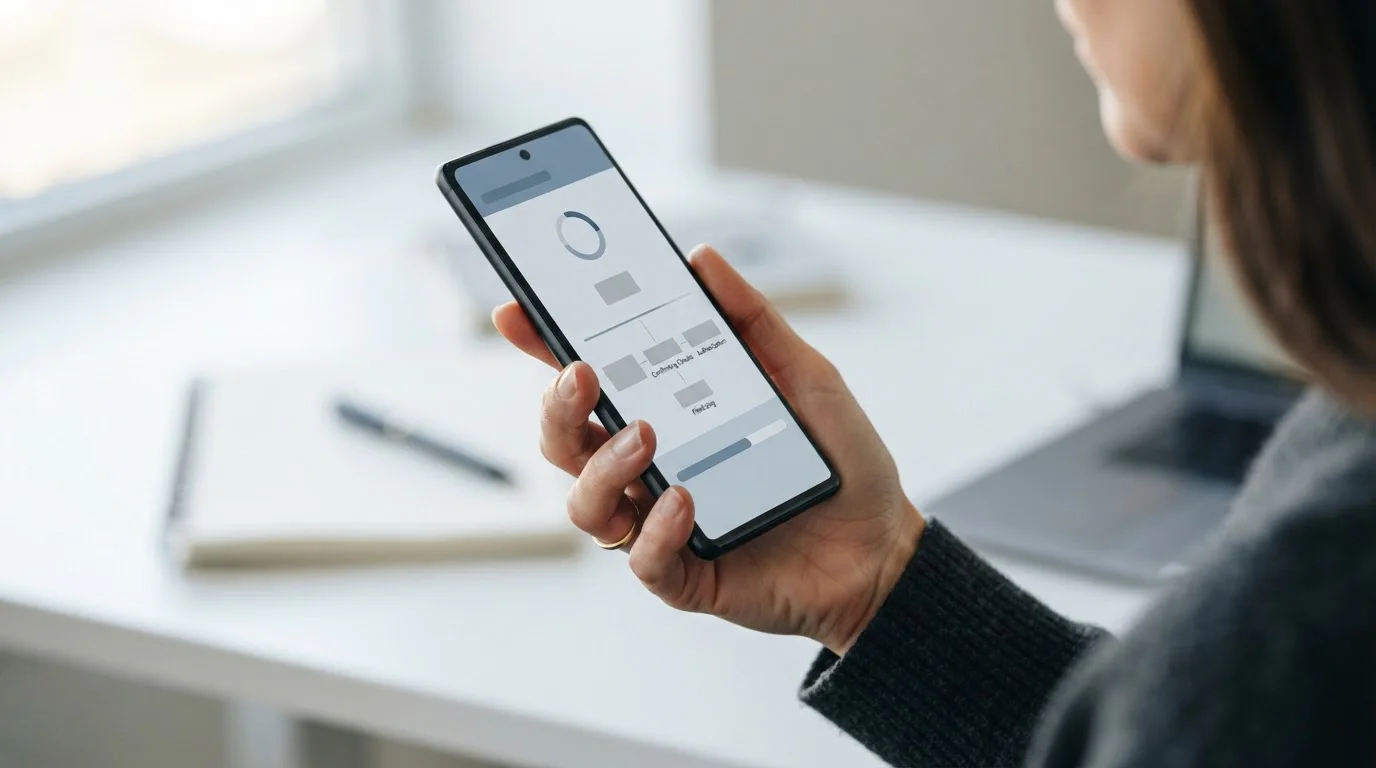 Smartphone zeigt abstrakten Zahlungsvorgang mit Zeitangaben